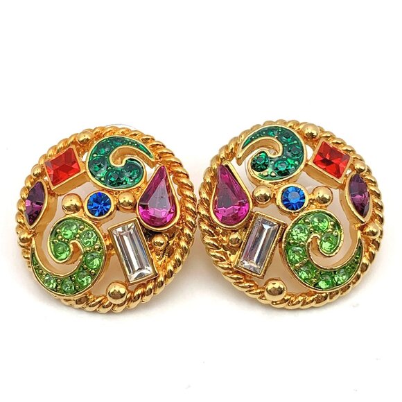 Haskell round gold tone and all colors rhinestones open work post back earrings - Picture 1 of 3